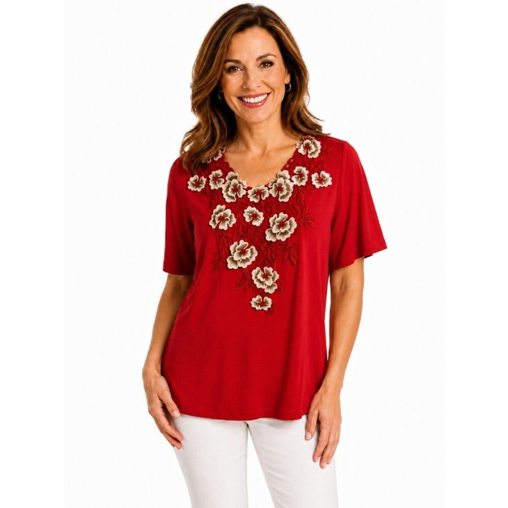 Susan Graver Floral Appliqué Knit Top Size Medium LIKE NEW